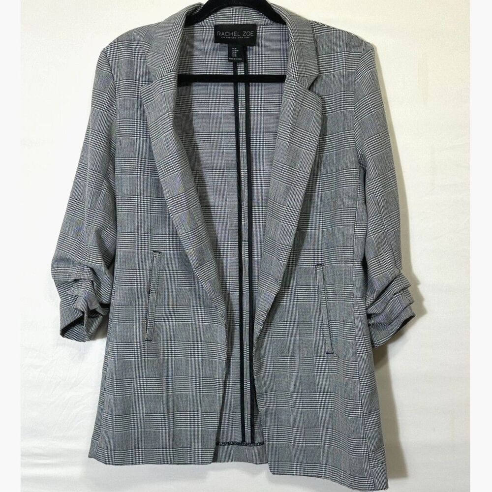 Rachel Zoe Women's Career Houndstooth Open Front Blazer Ruched Sleeves Size M